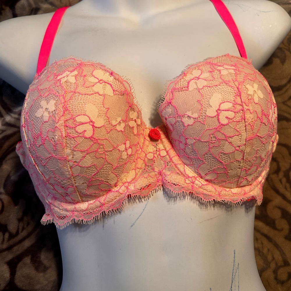 Victoria's Secret Neon Pink and Cream Lace Bra